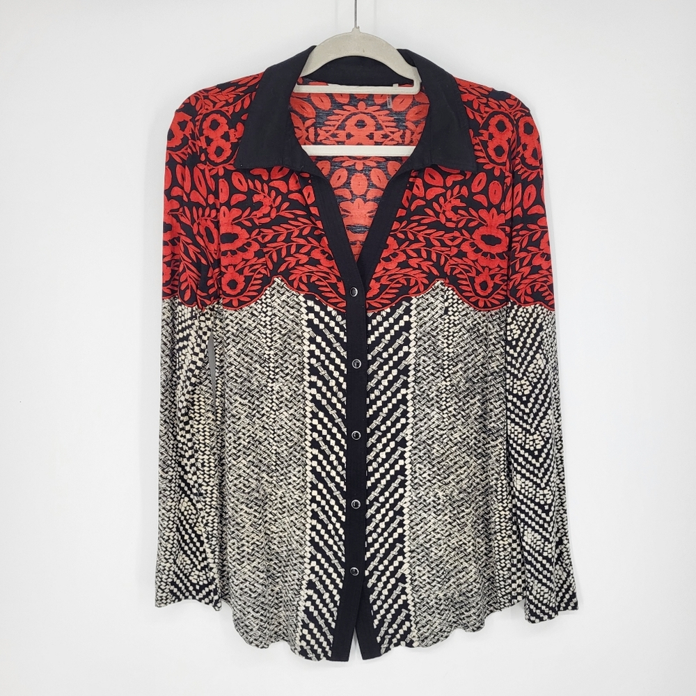 Soft Surroundings Printed Button Down Shirt Long Sleeve Boho Red Black Cream M